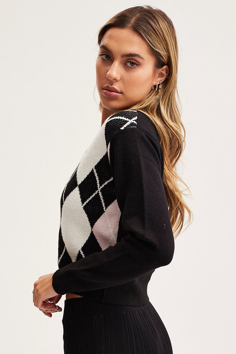 SEMI CROP KNITTED Check Knit Top Long Sleeve Argyle for Women by Ally
