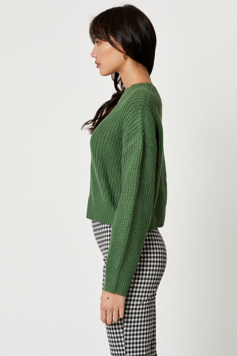 SEMI CROP KNITTED Green High Neck Knit Crop Top for Women by Ally