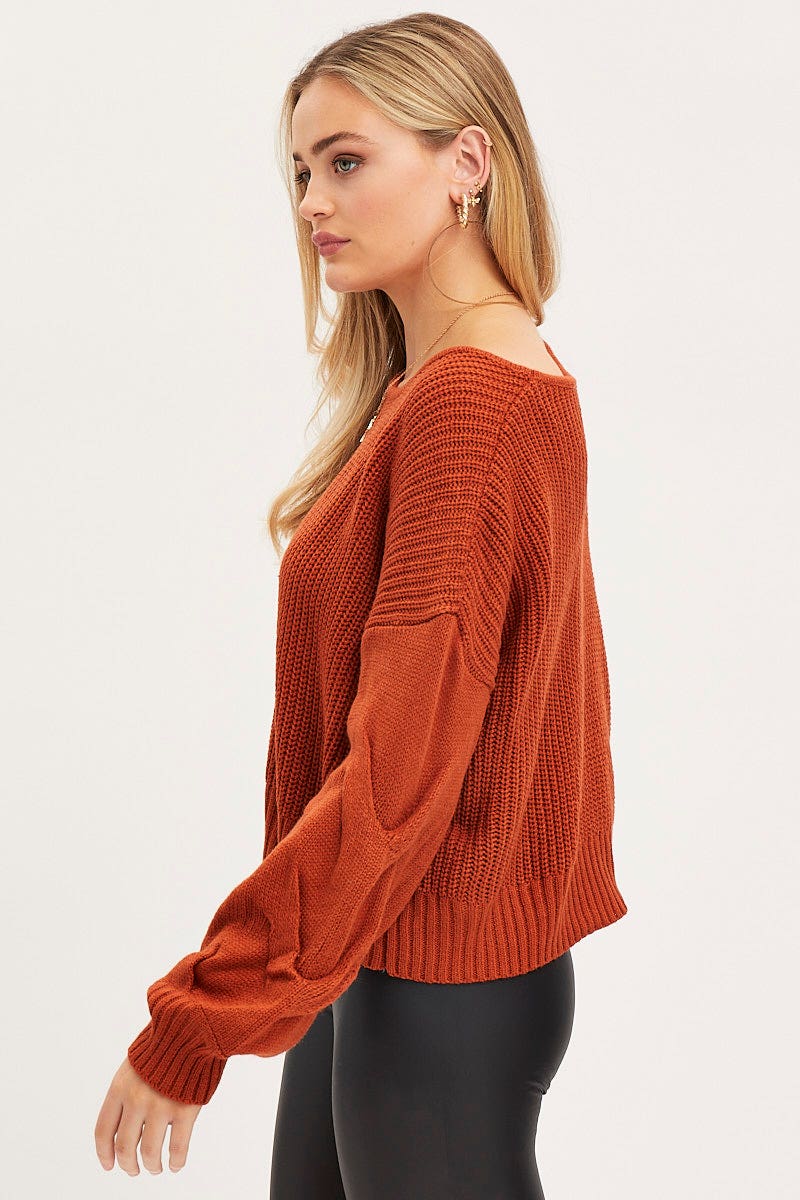 SEMI CROP KNITTED Rust Knit Top Long Sleeve Relaxed for Women by Ally