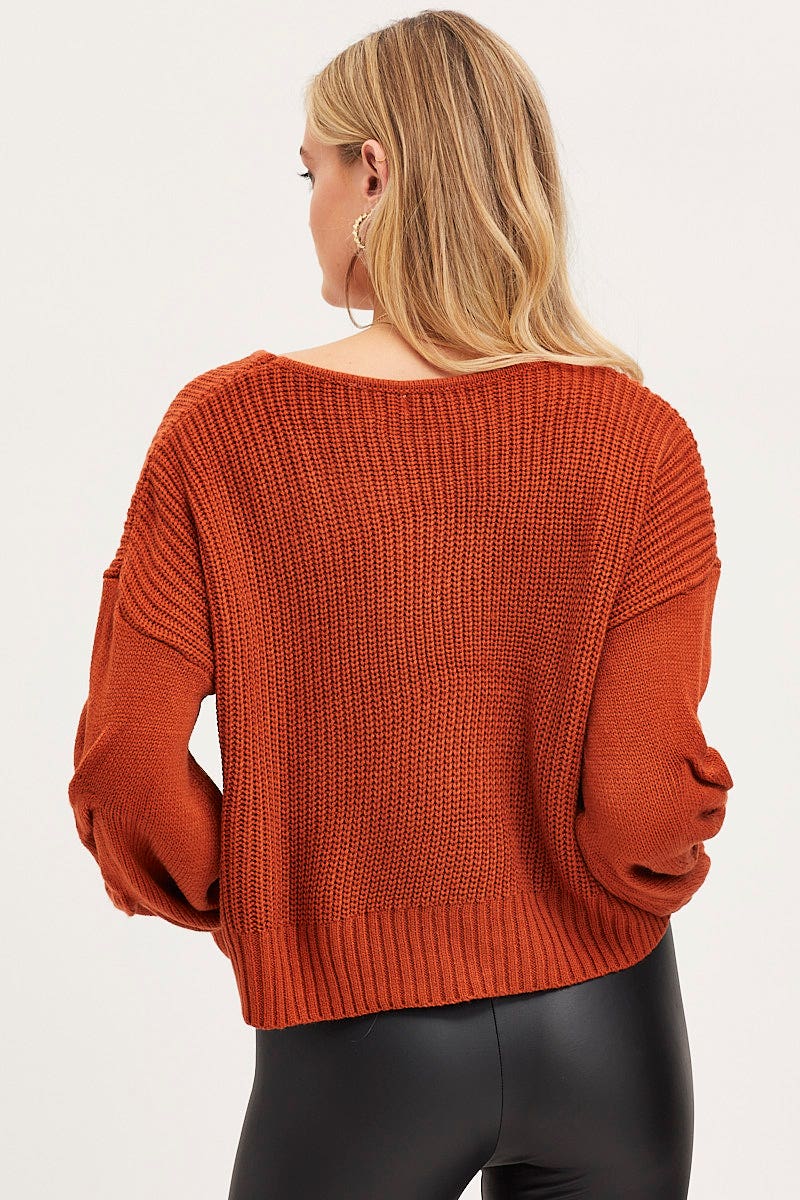 SEMI CROP KNITTED Rust Knit Top Long Sleeve Relaxed for Women by Ally