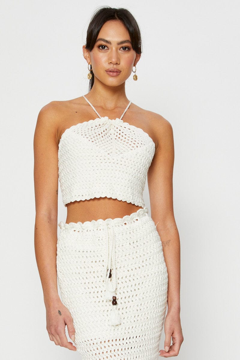 SEMI CROP KNITTED White Knit Top Crop Crochet for Women by Ally