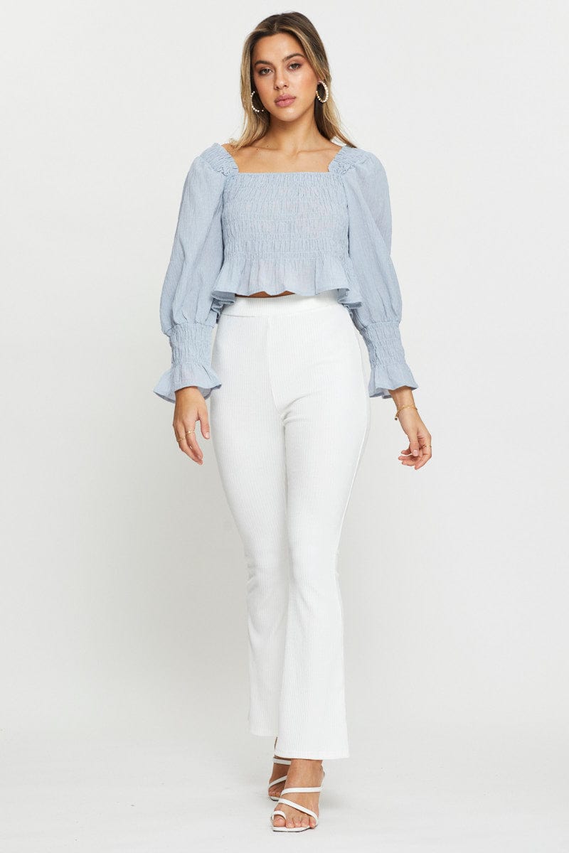 SEMI CROP LIGHT BLUE Puff Sleeve Shirred Top for Women by Ally