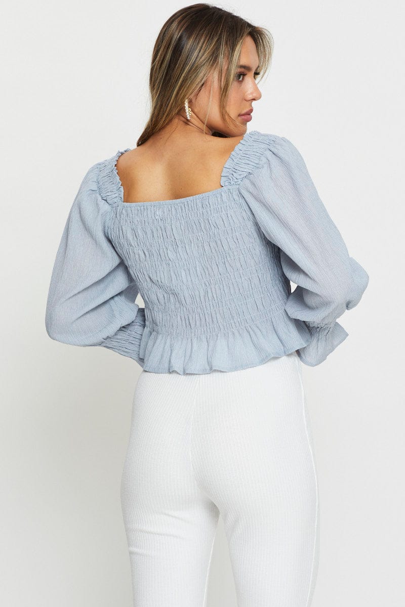 SEMI CROP LIGHT BLUE Puff Sleeve Shirred Top for Women by Ally