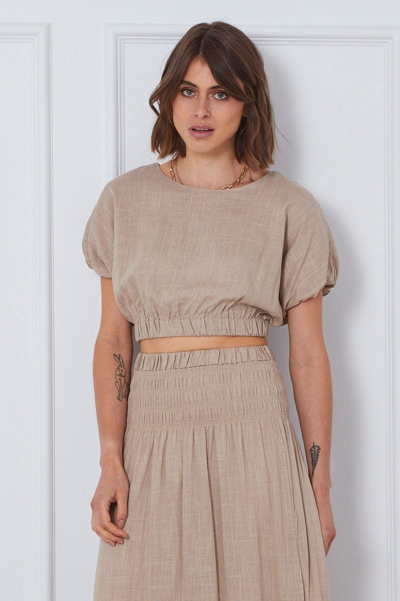 SEMI CROP Nude Crop Top Short Sleeve Round Neck Linen for Women by Ally