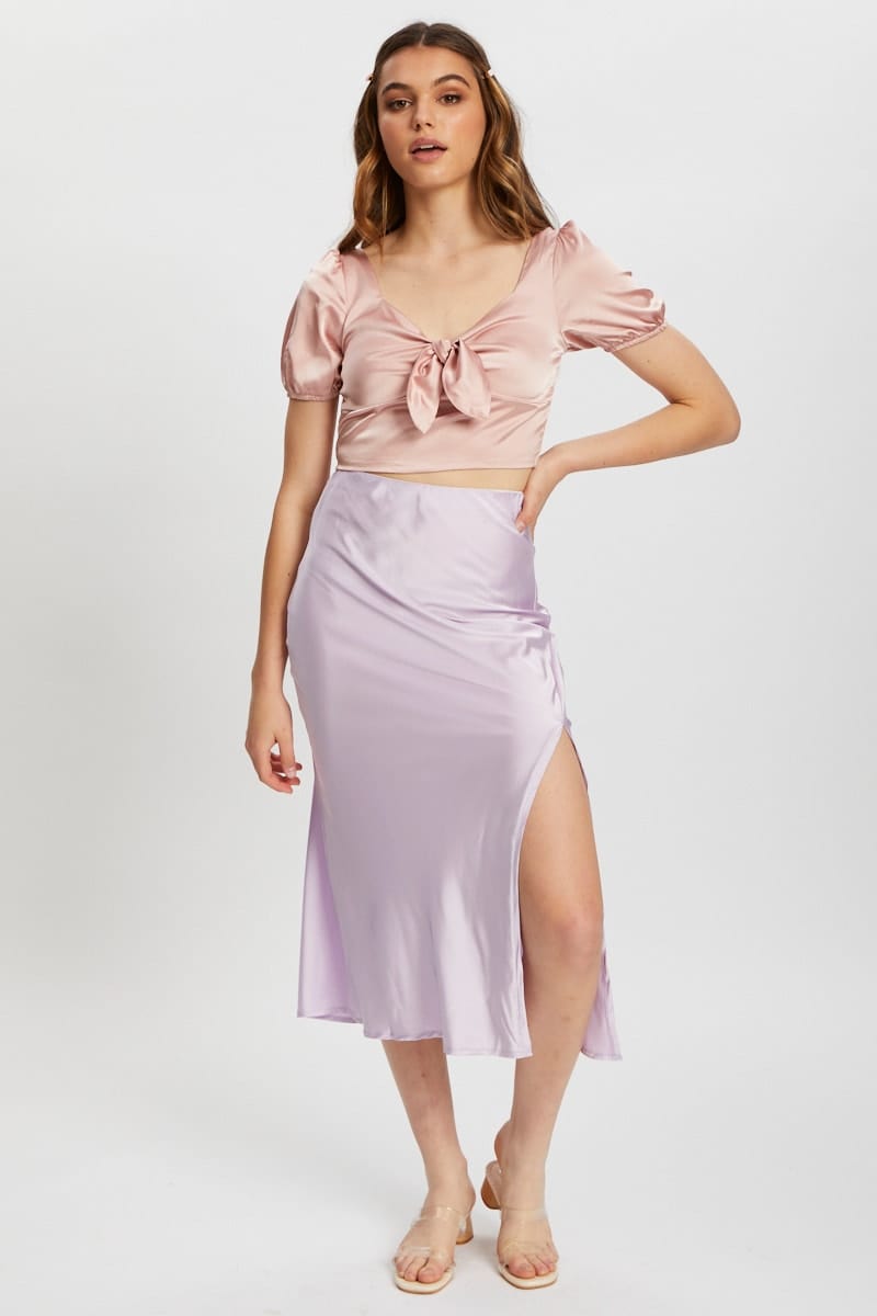 SEMI CROP Pink Satin Puff Sleeve Crop Top for Women by Ally