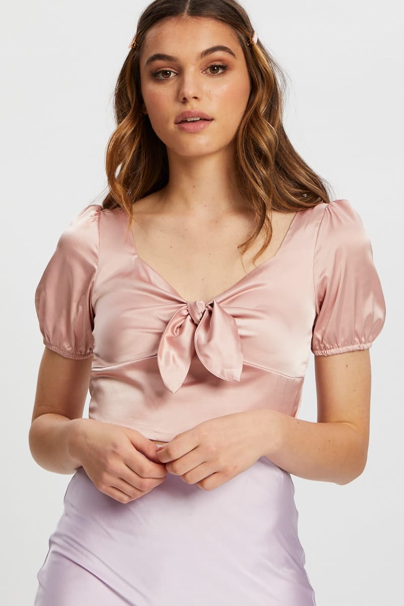 SEMI CROP Pink Satin Puff Sleeve Crop Top for Women by Ally