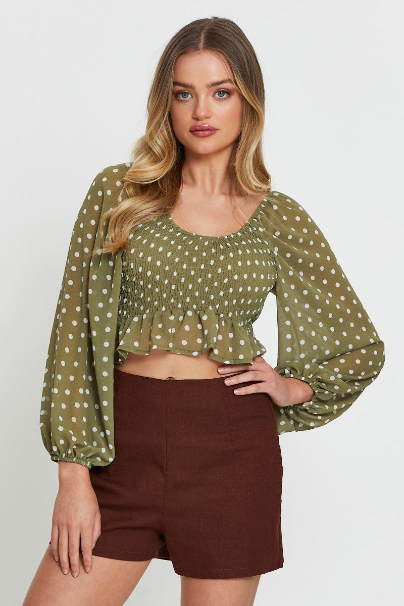 SEMI CROP Polka Dot Crop Top Long Sleeve for Women by Ally