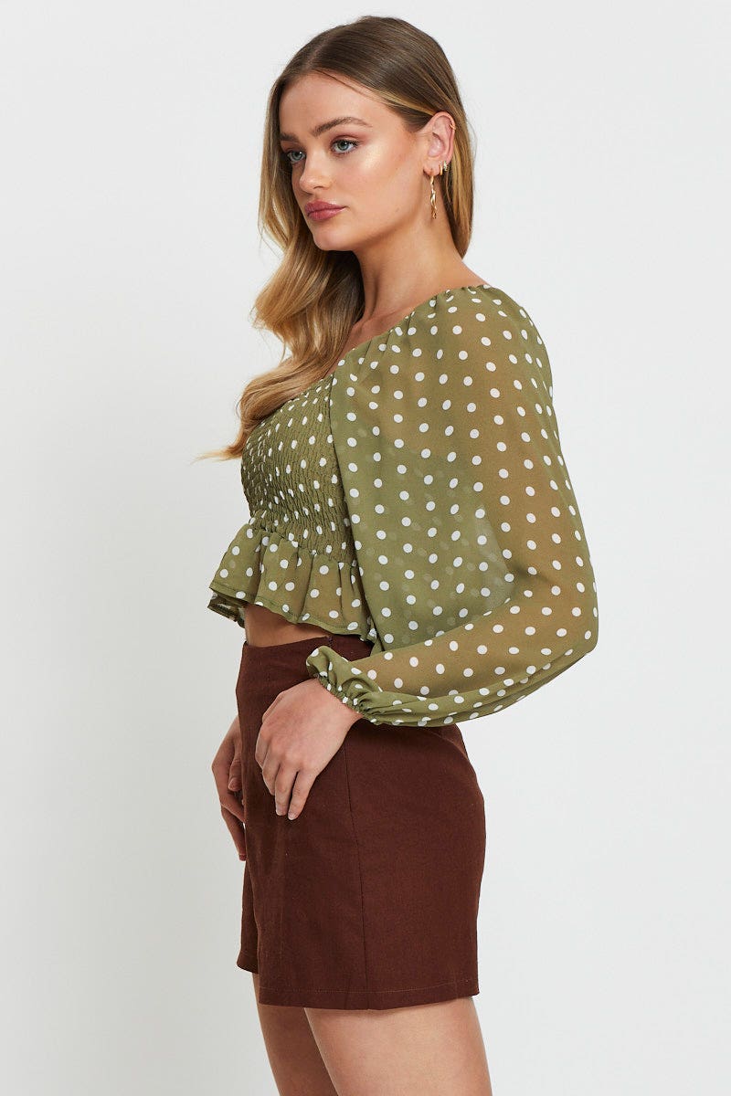 SEMI CROP Polka Dot Crop Top Long Sleeve for Women by Ally