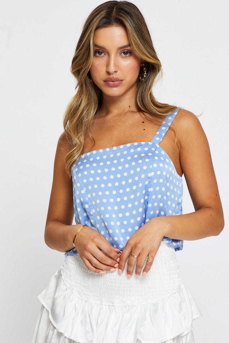SEMI CROP Polka Dot Singlet Top Square Neck Linen for Women by Ally