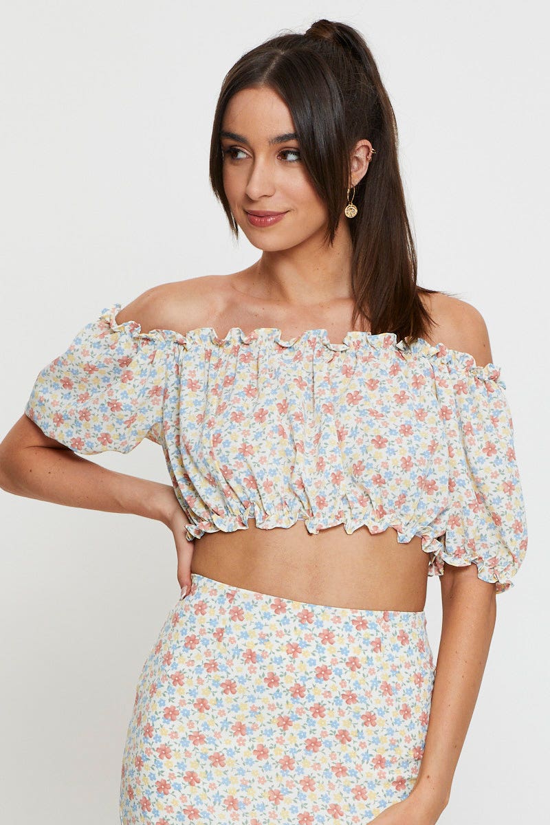 SEMI CROP Print Crop Blouse Off Shoulder for Women by Ally