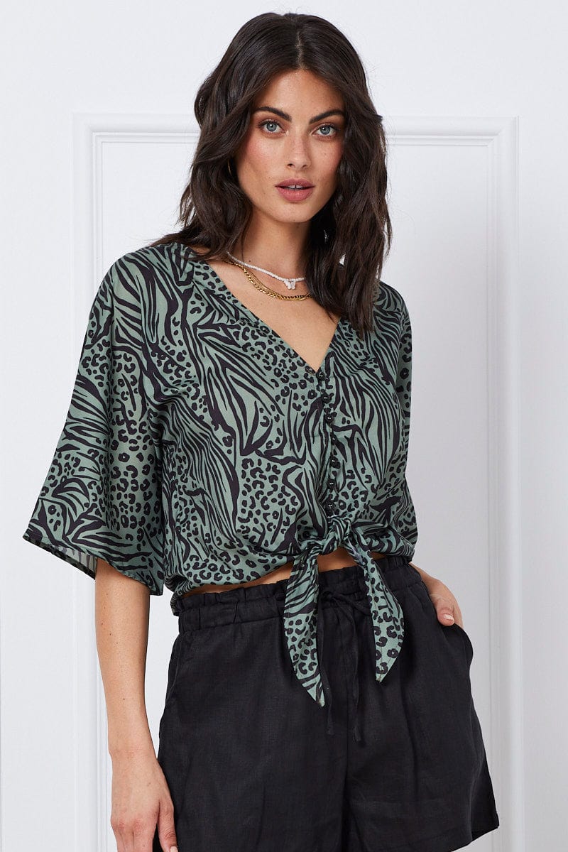 SEMI CROP Print Crop Top Short Sleeve Tie Up for Women by Ally