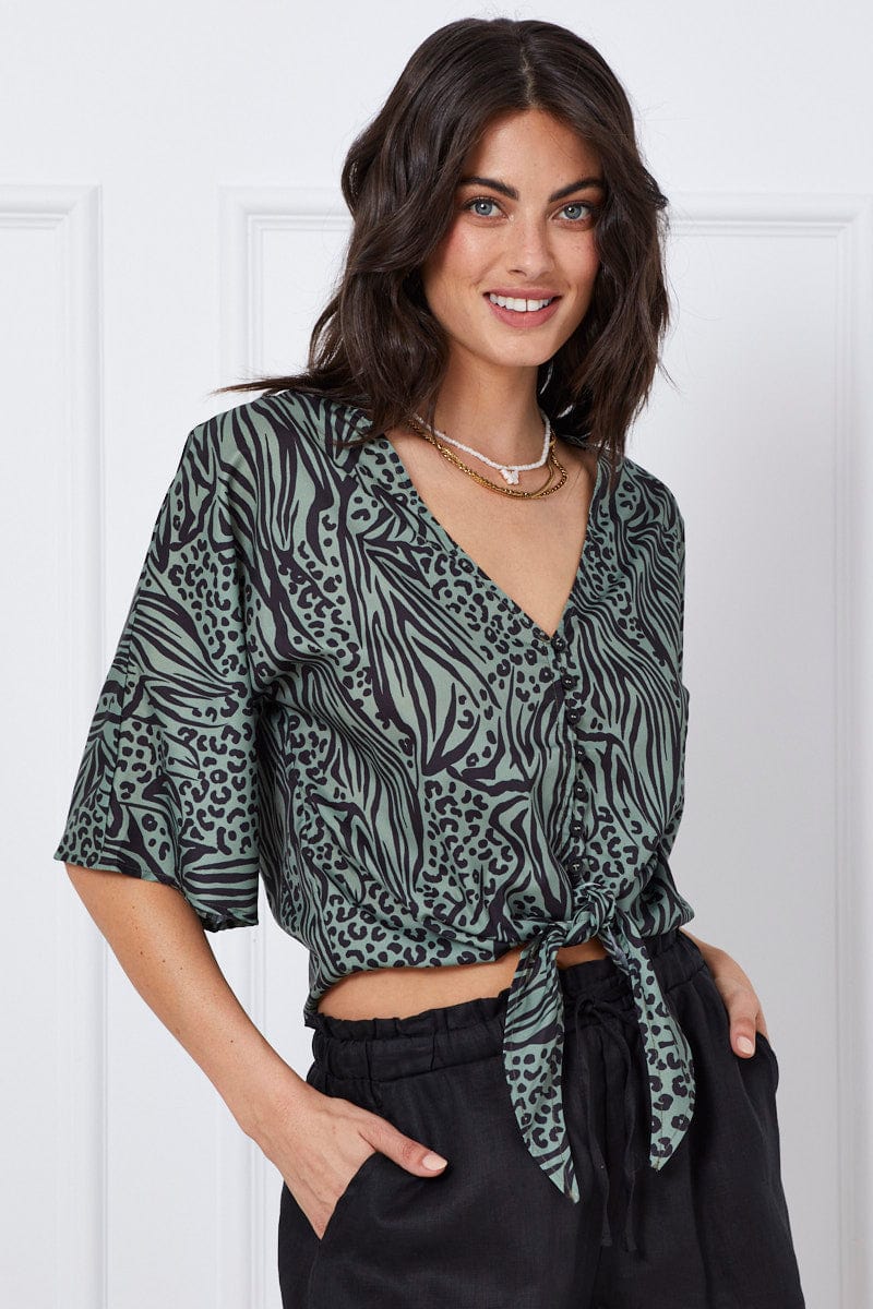 SEMI CROP Print Crop Top Short Sleeve Tie Up for Women by Ally