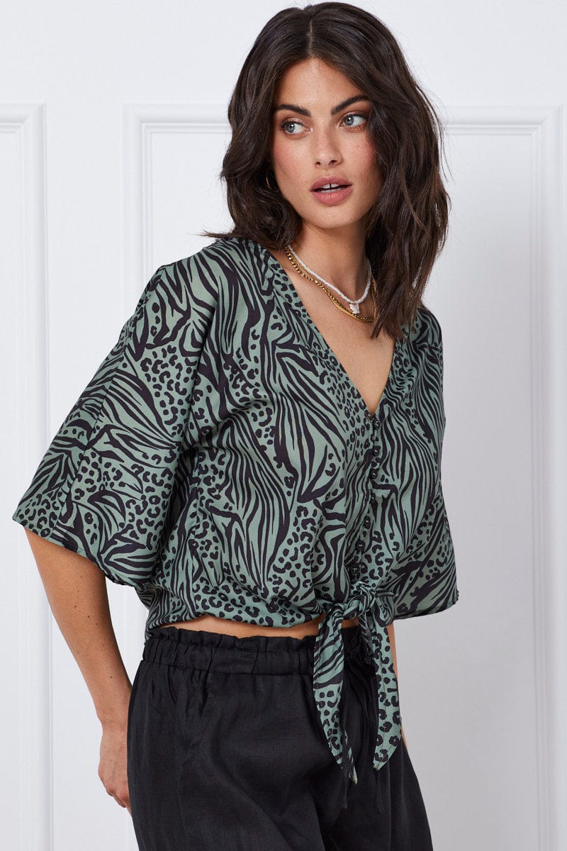 SEMI CROP Print Crop Top Short Sleeve Tie Up for Women by Ally