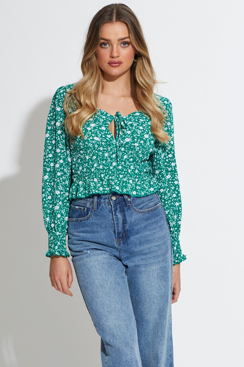 SEMI CROP Print Peplum Top Long Sleeve for Women by Ally