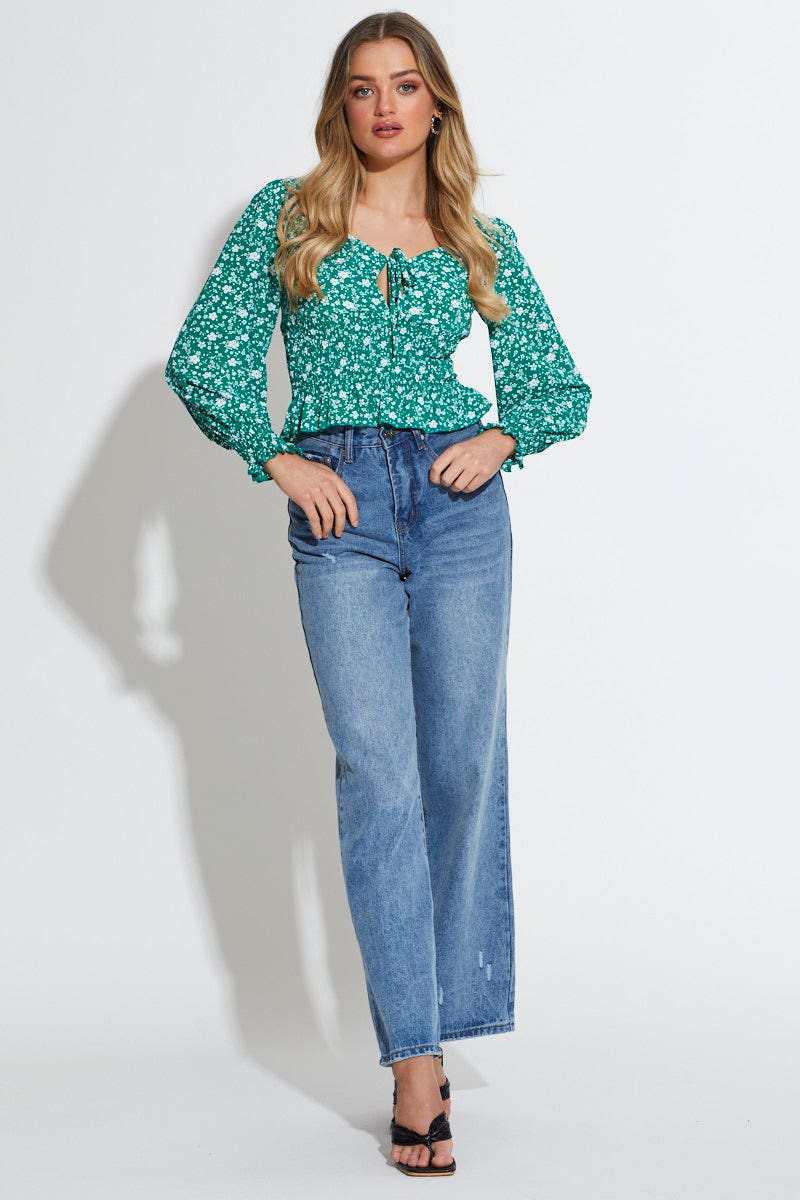 SEMI CROP Print Peplum Top Long Sleeve for Women by Ally