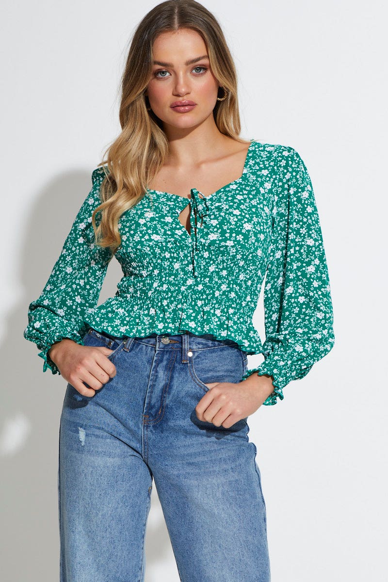 SEMI CROP Print Peplum Top Long Sleeve for Women by Ally