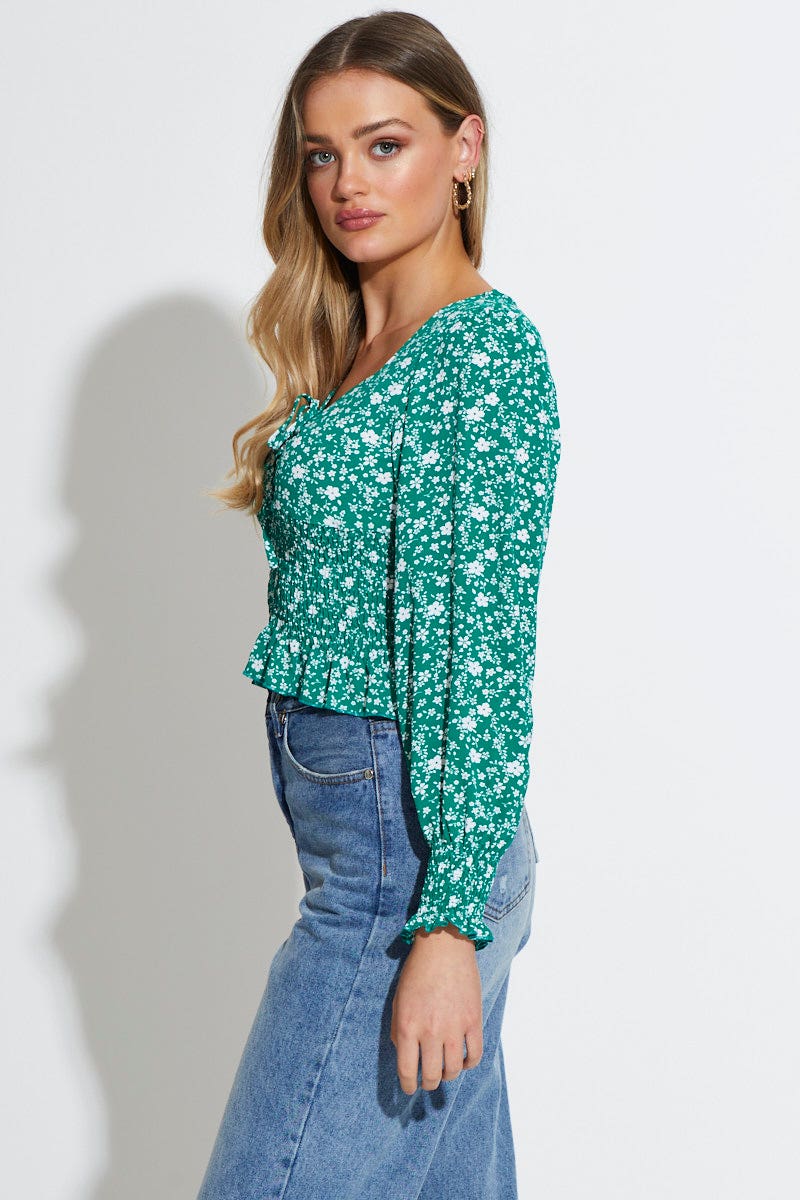 SEMI CROP Print Peplum Top Long Sleeve for Women by Ally