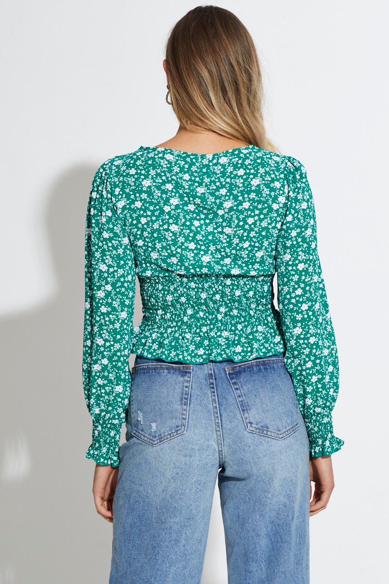 SEMI CROP Print Peplum Top Long Sleeve for Women by Ally