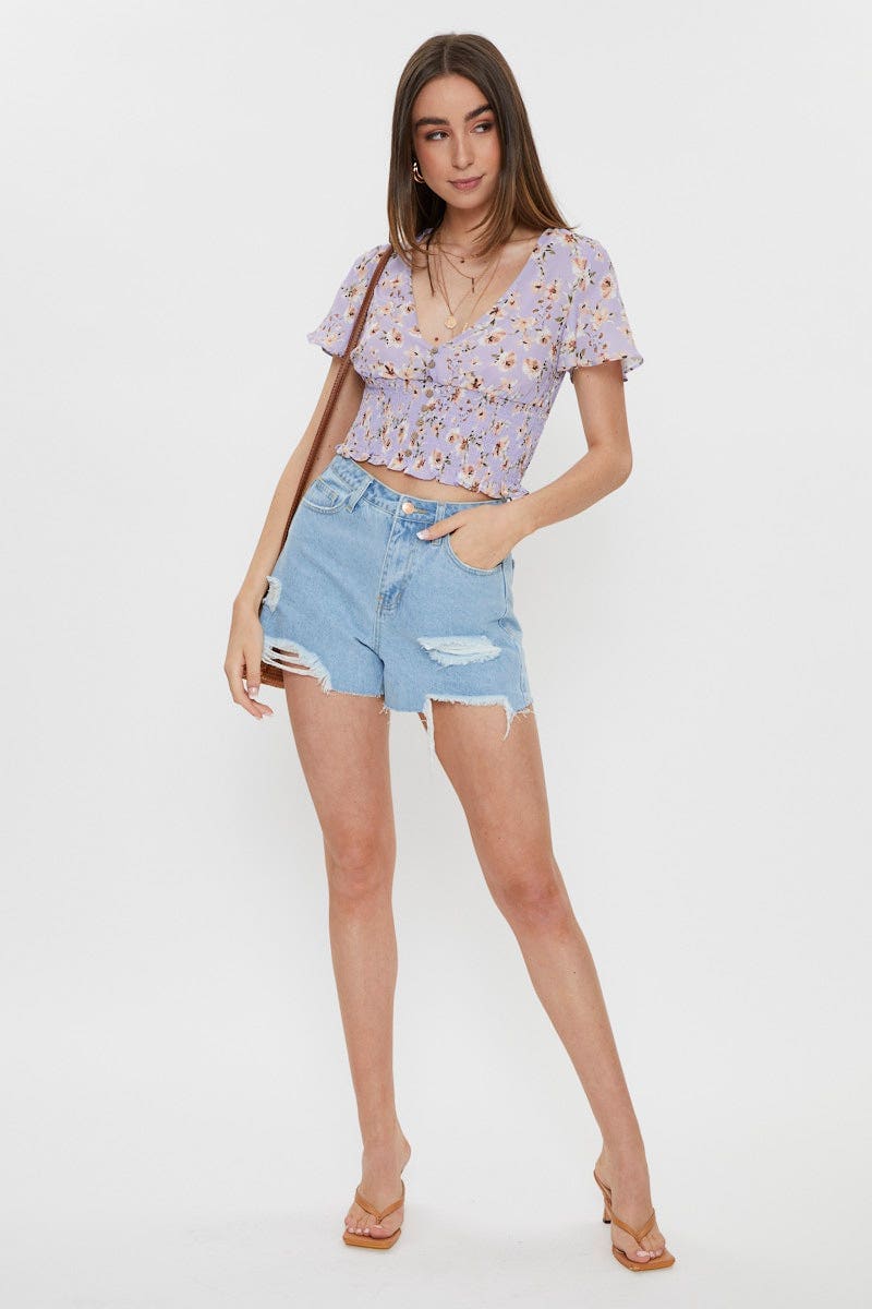 SEMI CROP Print Print Front Button  Shirred Top for Women by Ally