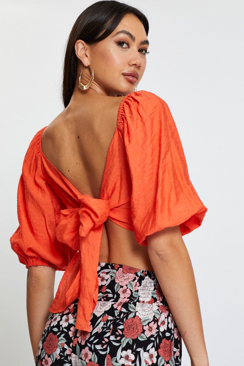 SEMI CROP Red Crop Top Short Sleeve Tie Up for Women by Ally