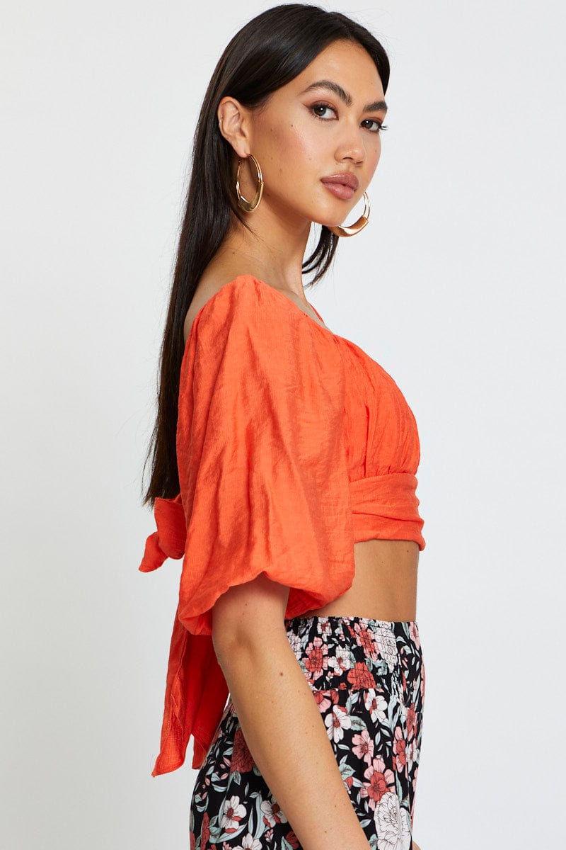 SEMI CROP Red Crop Top Short Sleeve Tie Up for Women by Ally