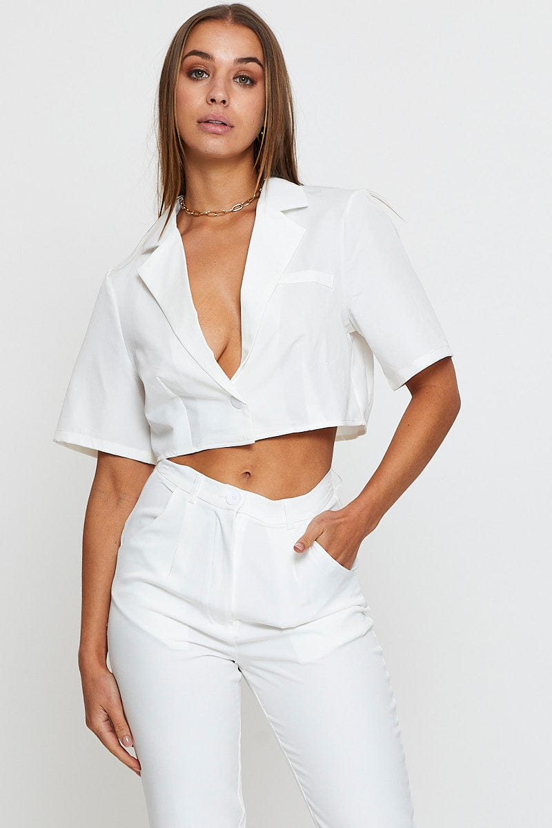 SEMI CROP White Crop Shirts Short Sleeve Collared for Women by Ally
