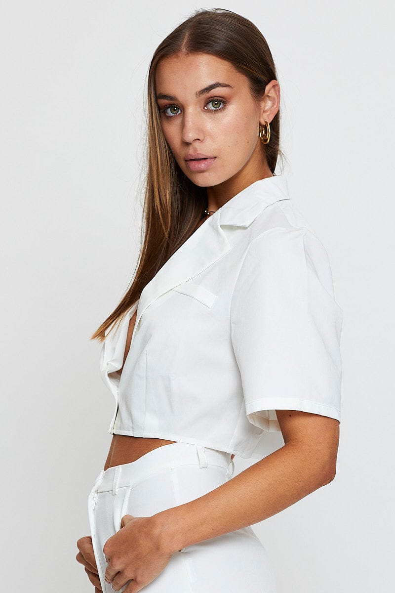 SEMI CROP White Crop Shirts Short Sleeve Collared for Women by Ally