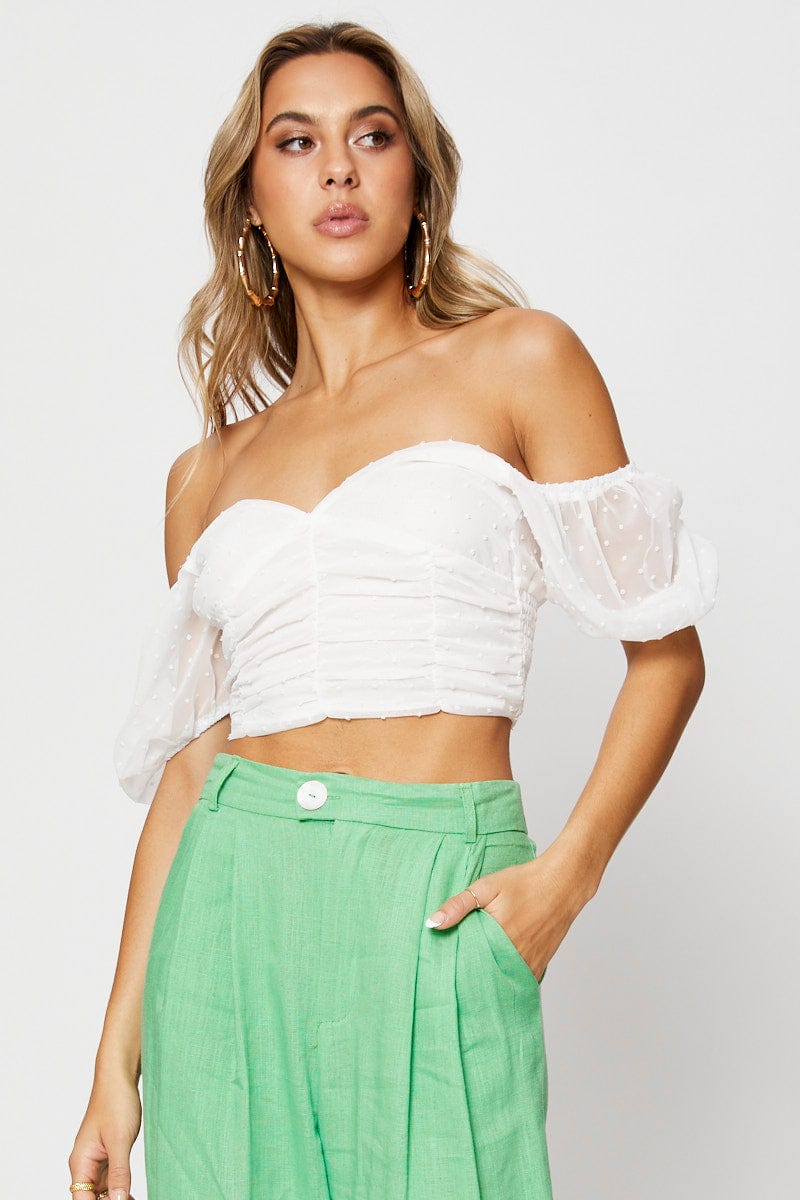 SEMI CROP White Crop Top Short Sleeve Off Shoulder for Women by Ally