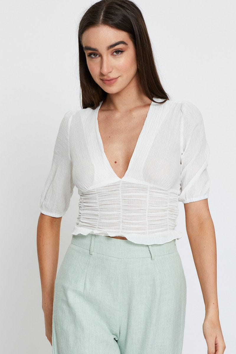 SEMI CROP White Crop Top V-Neck for Women by Ally