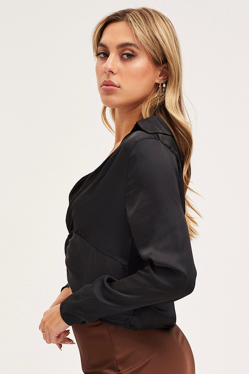 SHIRT Black Crop Top Long Sleeve Satin for Women by Ally