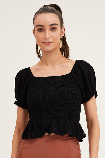 Women's Black Puff Sleeve Shirred Top | Ally Fashion