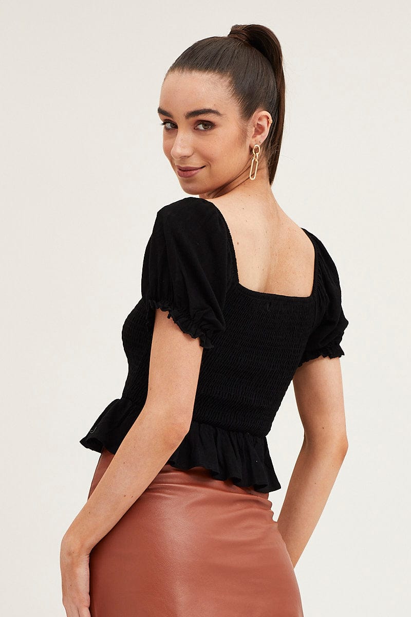 SHIRT Black Puff Sleeve Shirred Top for Women by Ally