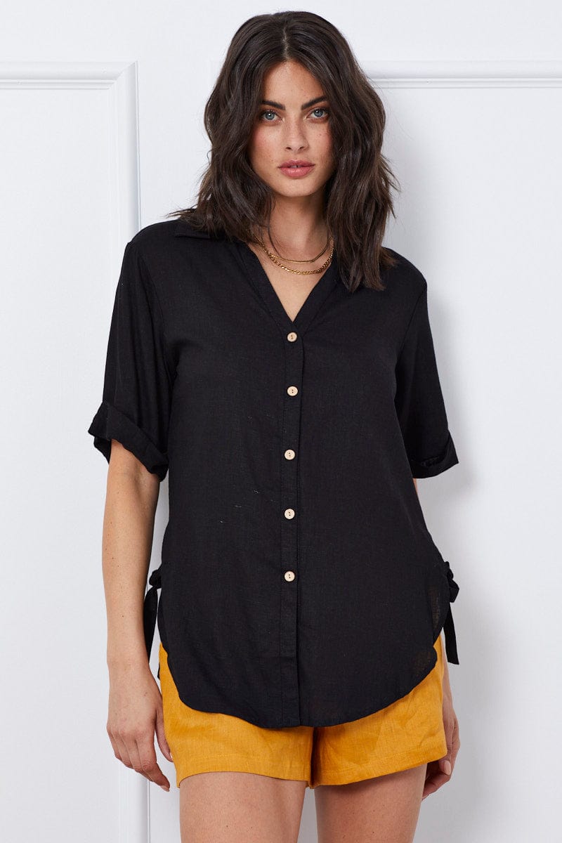 SHIRT Black Relaxed Top Short Sleeve Linen for Women by Ally