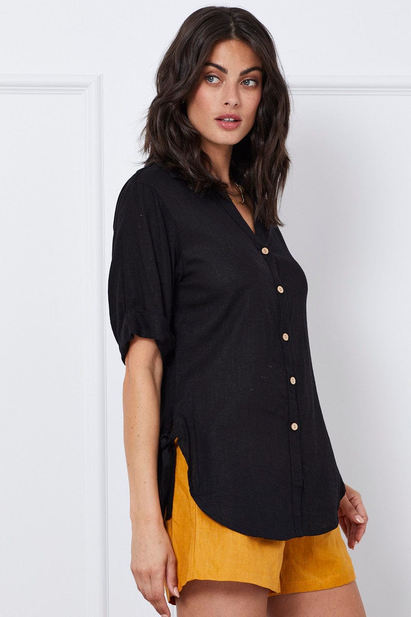 SHIRT Black Relaxed Top Short Sleeve Linen for Women by Ally