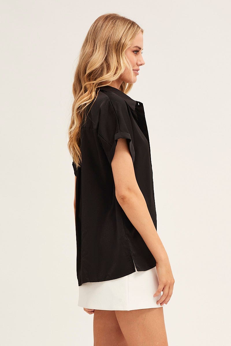 SHIRT Black Short Sleeve Button Shirt for Women by Ally