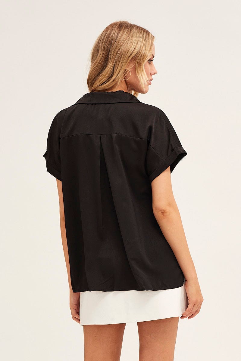 SHIRT Black Short Sleeve Button Shirt for Women by Ally