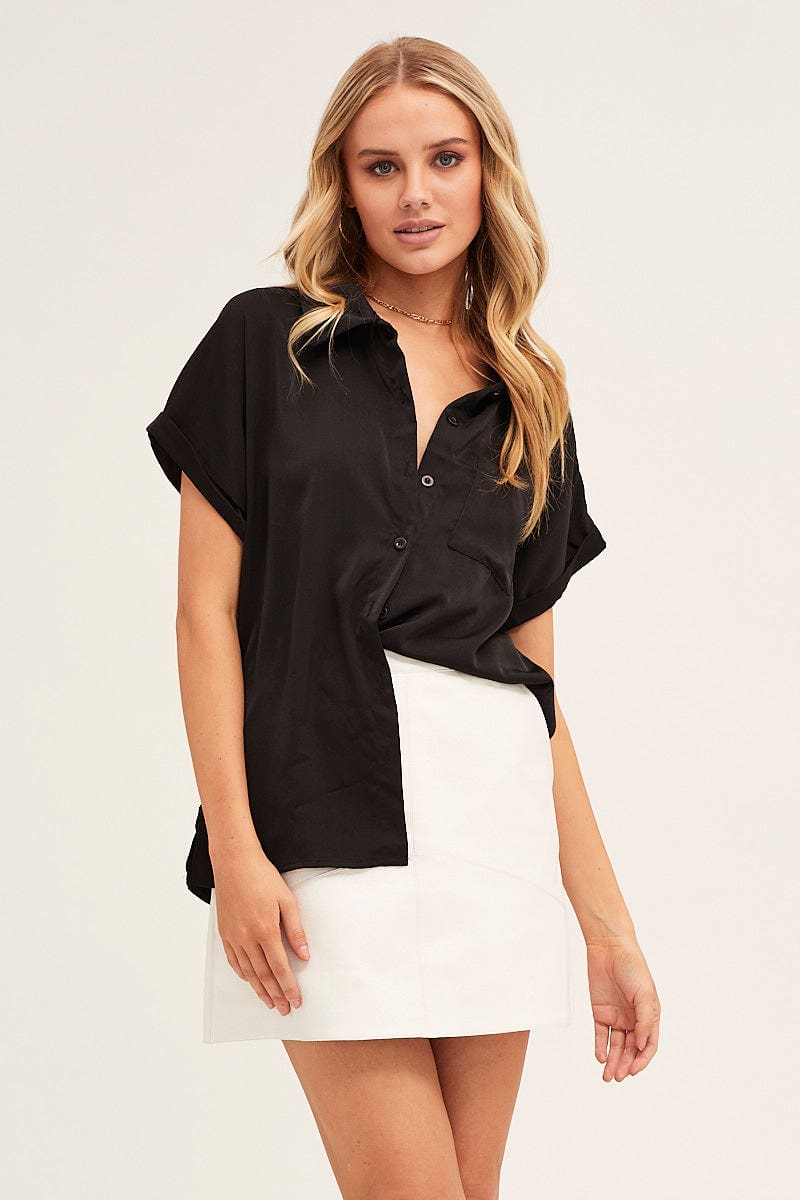 SHIRT Black Short Sleeve Button Shirt for Women by Ally