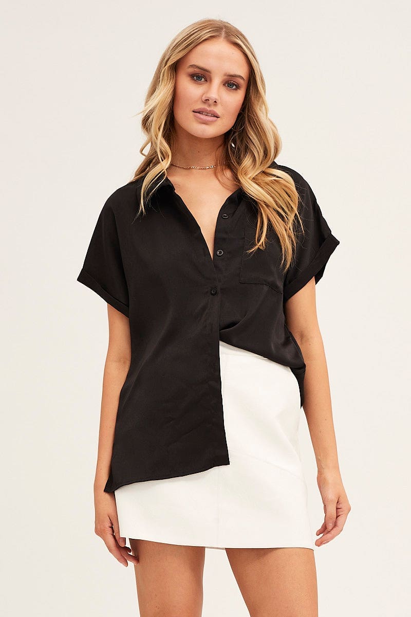 SHIRT Black Short Sleeve Button Shirt for Women by Ally