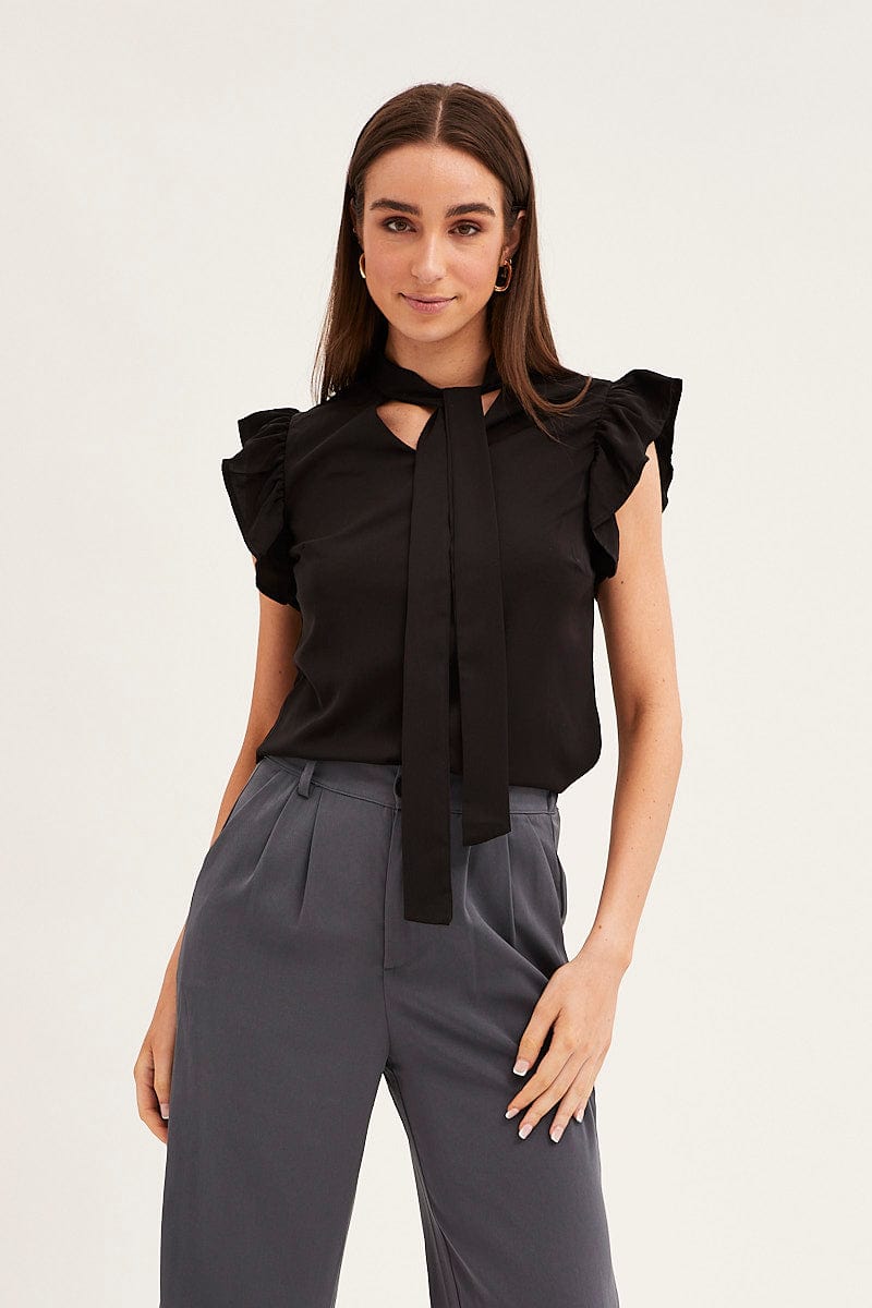 SHIRT Black Tie Front Ruffle Sleeve Top for Women by Ally