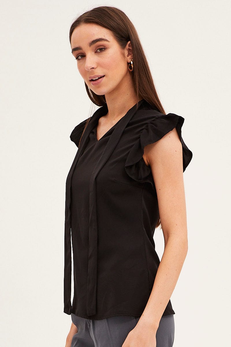 SHIRT Black Tie Front Ruffle Sleeve Top for Women by Ally