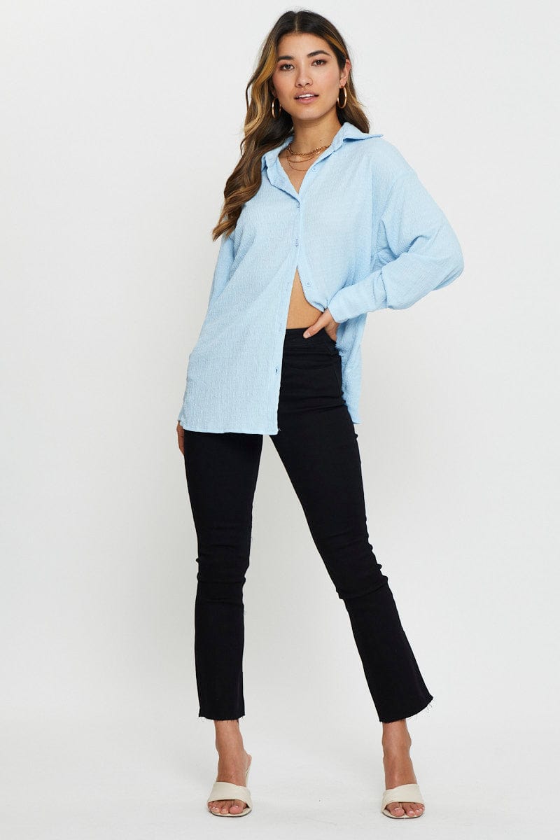 SHIRT Blue Button Front Shirts Long Sleeve for Women by Ally