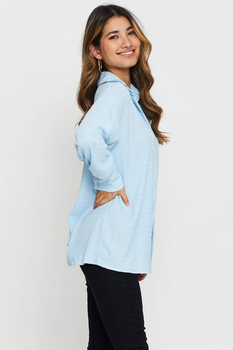 SHIRT Blue Button Front Shirts Long Sleeve for Women by Ally