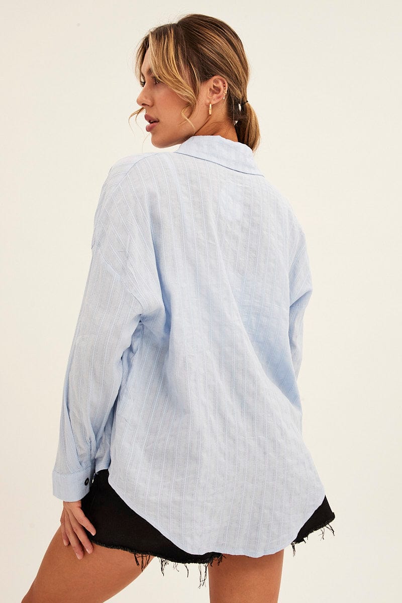 SHIRT Blue Collared Shirt Long Sleeve Relaxed for Women by Ally