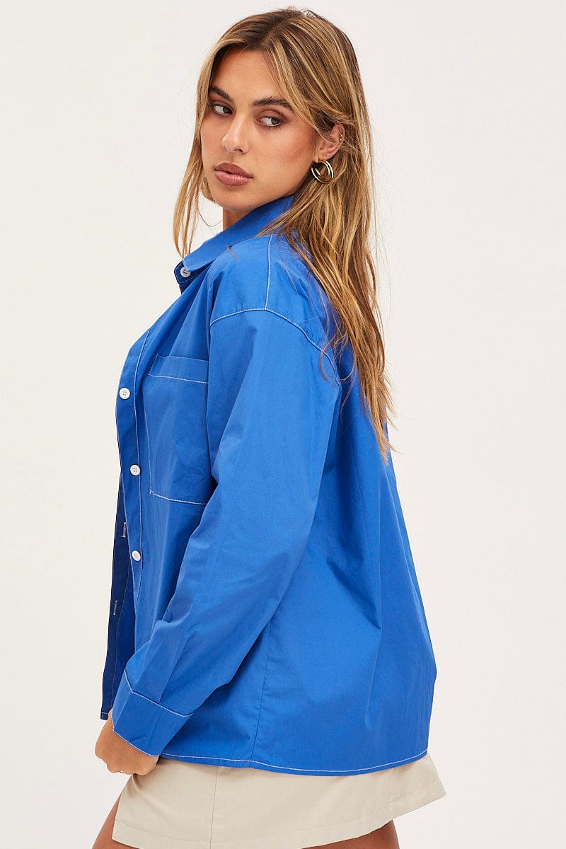 SHIRT Blue Oversized Shirts Long Sleeve Collared for Women by Ally