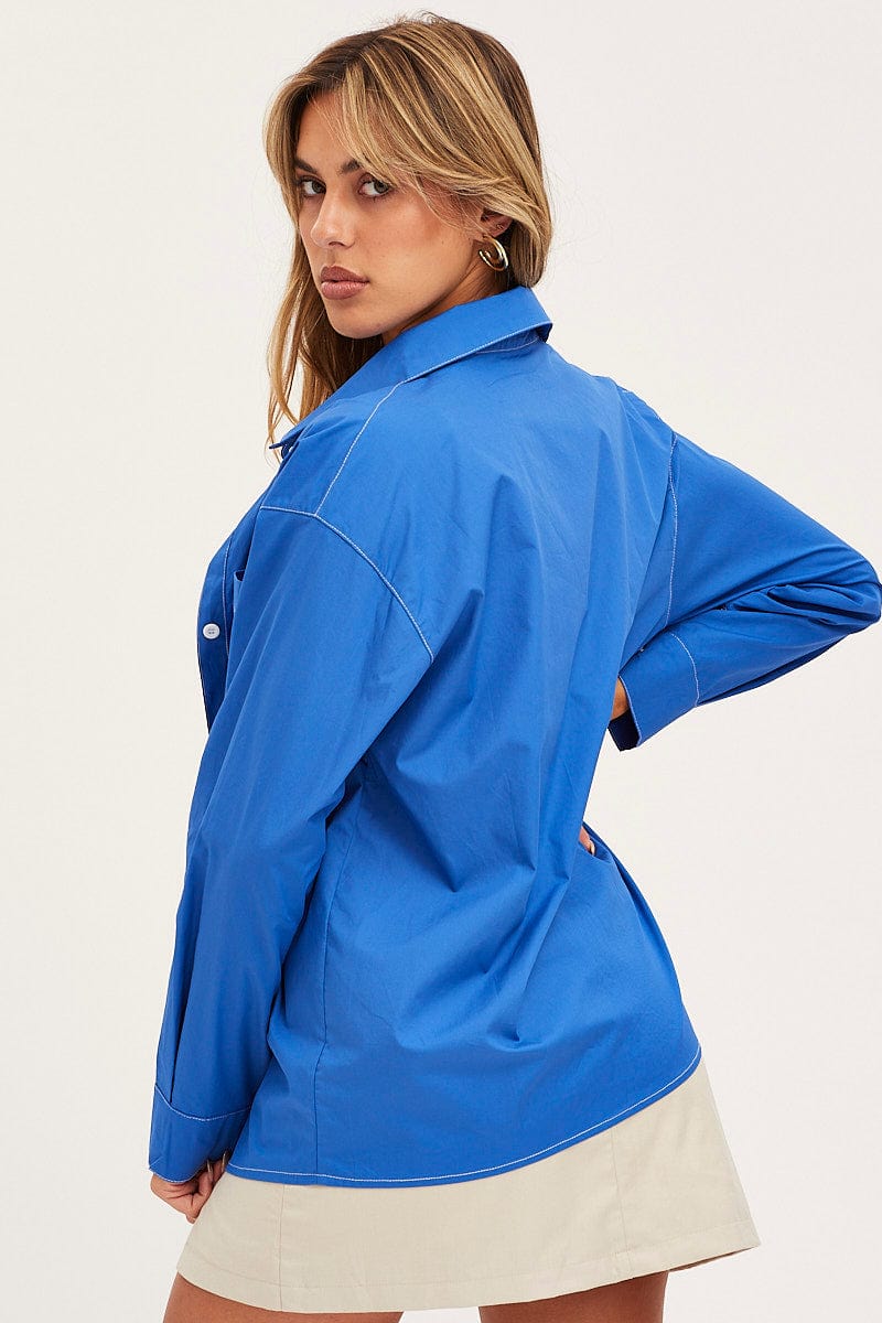 SHIRT Blue Oversized Shirts Long Sleeve Collared for Women by Ally