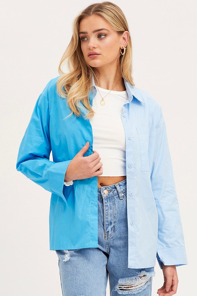 SHIRT Blue Oversized Shirts Long Sleeve Collared for Women by Ally