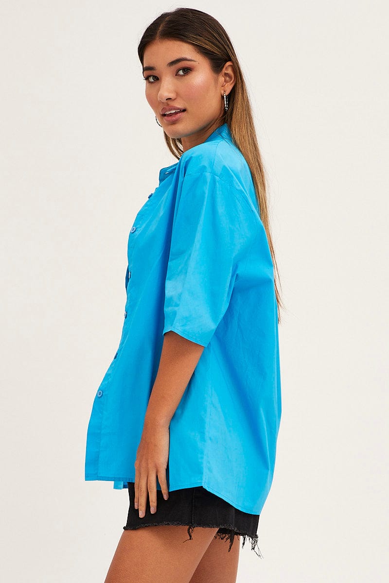 SHIRT Blue Relaxed Fit Shirt Short Sleeve Collared Longline for Women by Ally