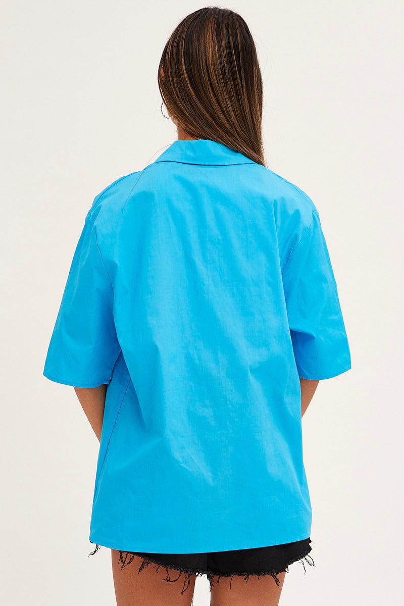 SHIRT Blue Relaxed Fit Shirt Short Sleeve Collared Longline for Women by Ally