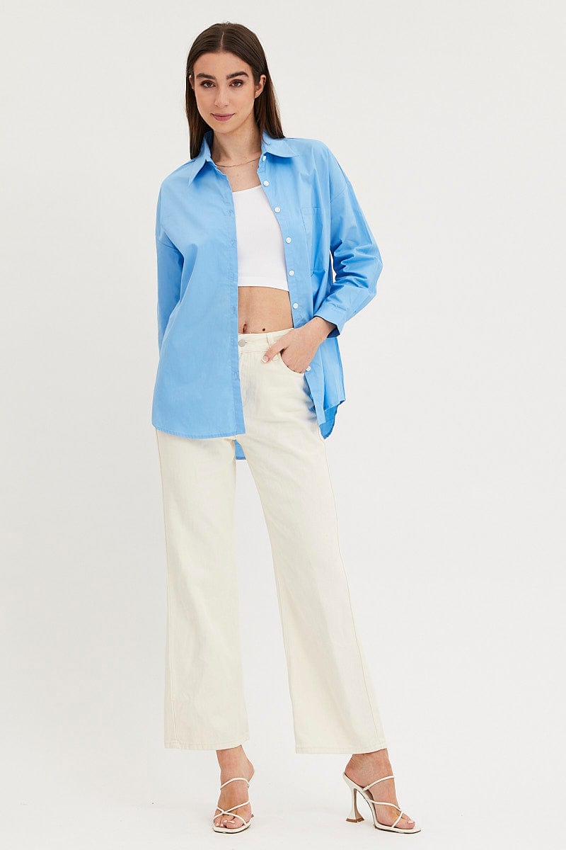 SHIRT Blue Relaxed Shirts Long Sleeve Button Up for Women by Ally