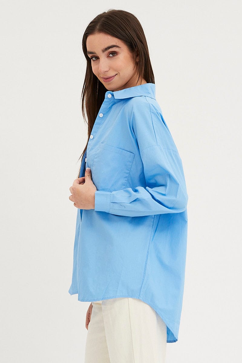 SHIRT Blue Relaxed Shirts Long Sleeve Button Up for Women by Ally